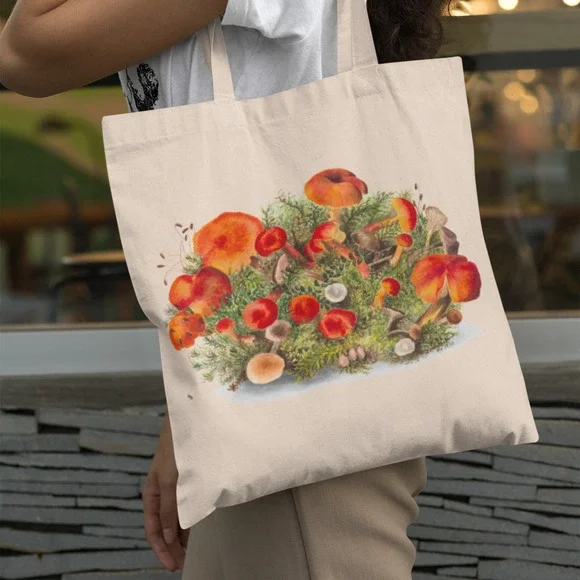 Orange Mushrooms Vintage Canvas Tote Bag - Picture 1 of 5